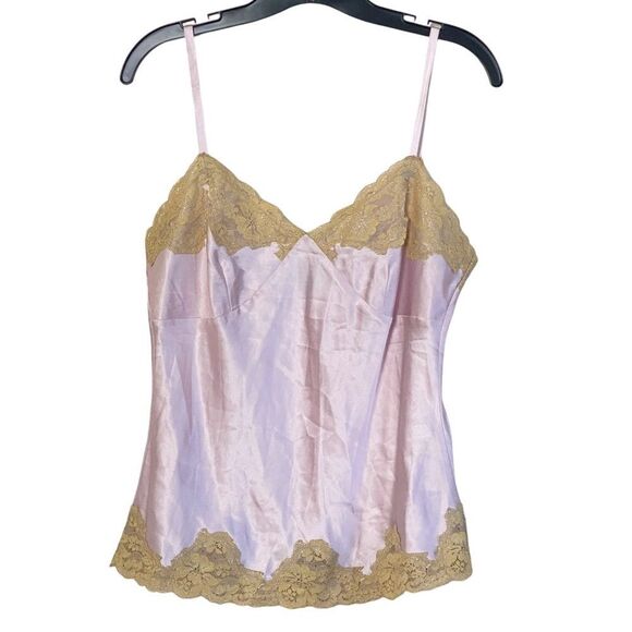 Vintage Y2K Express Pink Silk Gold Lace Trim Camisole Sz M - Picture 8 of 8